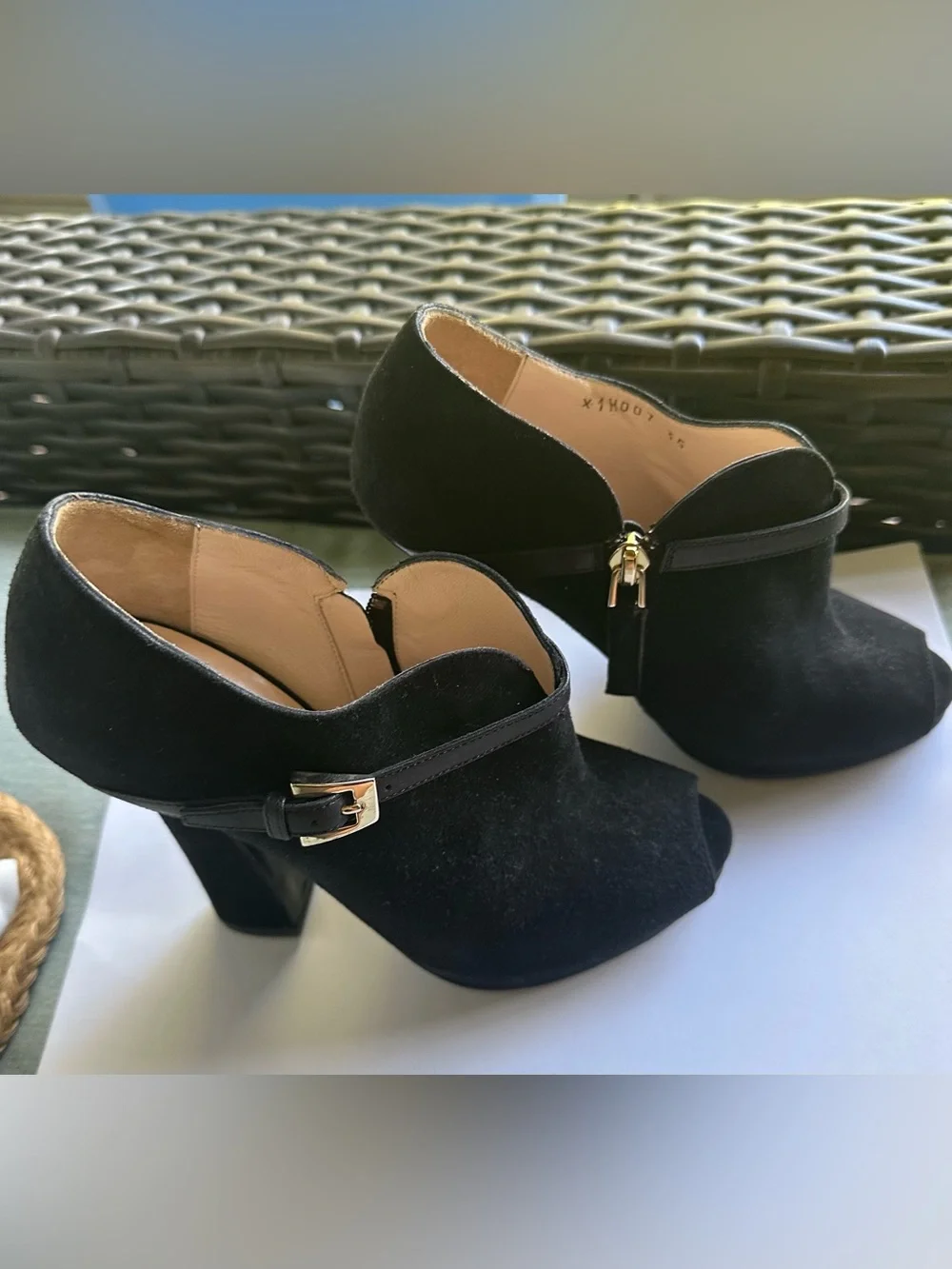 Giorgio Armani Black Suede Peep-Toe Ankle Booties with Gold Buckle Size 35